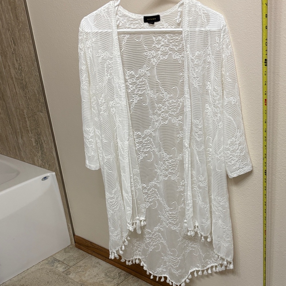 White Lace Fringe Kimono Cover-Up by Unknown Brand